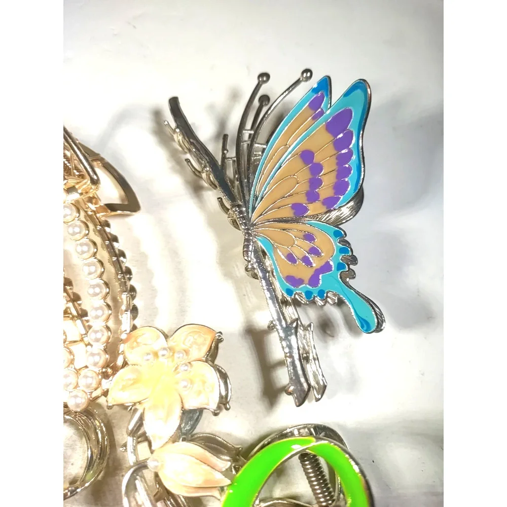 Lot Of 4 Hair Barrettes Tension Clips Flowers Butterfly Fancy Pearls